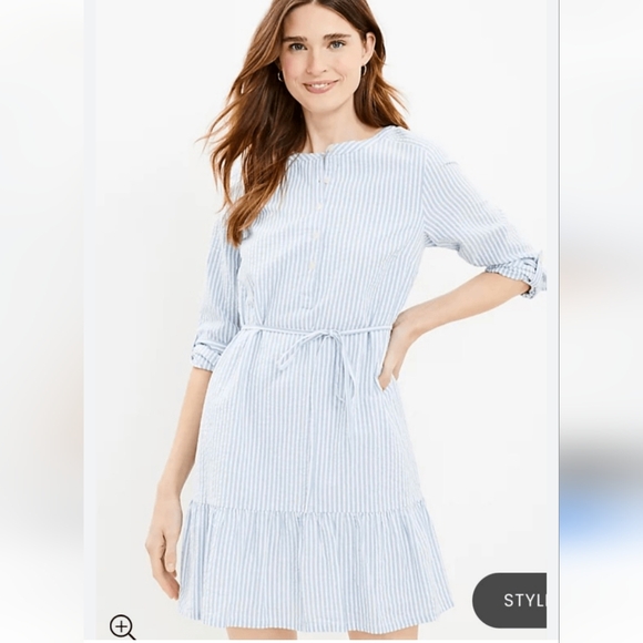 100% COTTON LOFT Blue & White Striped Tab Sleeve Casual Dress - Picture 1 of 12